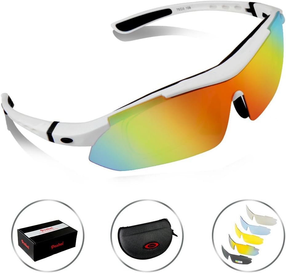 poshei P02 Polarized Sports Sunglasses with 5 Set Interchangeable Lenses for Biking Fishing Running Driving Golf Baseball