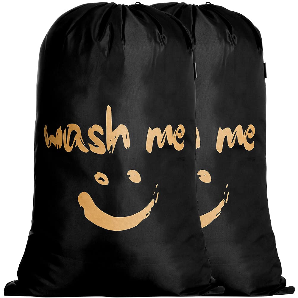 IHOMAGIC Laundry Bag 2 Pack Extra Large 100L, Foldable Storage Bag with Drawstring Cord Lock Closure - Nylon Dirty Clothes Bags for Bedroom Home, Dormitory, Travel, Jumbo Size Bag (Black - Smile)