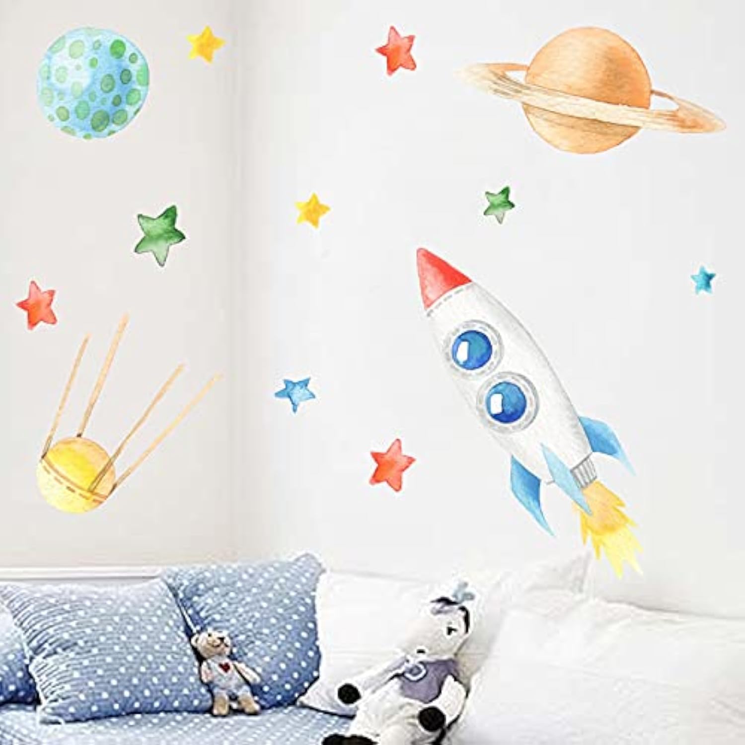 CreateHome Sticker Space Rocket for Children's Room I 154 x 85 cm (W x H) I Boy Girl Stars Planets Wall Sticker Wall Sticker DIY Wall Sticker Baby Room
