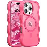 UEEBAI Magnetic for iPhone 15 Pro Max Case, Compatible with MagSafe, Transparent Wave Frame Design Case Soft Edge Cover Cute Clear Matte Shockproof Protective Phone Case, Hot Pink