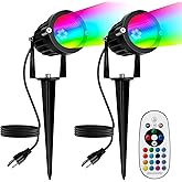PYDS Christmas Spotlights Outdoor, 12W RGBW Halloween Spot Lights with Remote, 120V Plug-in Color Changing LED Landscape Lighting with IP65 Waterproof for Yard Garden Tree Decor, 2 Pack