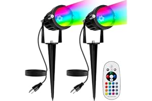 PYDS Christmas Spotlights Outdoor, 12W RGBW Halloween Spot Lights with Remote, 120V Plug-in Color Changing LED Landscape Lighting with IP65 Waterproof for Yard Garden Tree Decor, 2 Pack