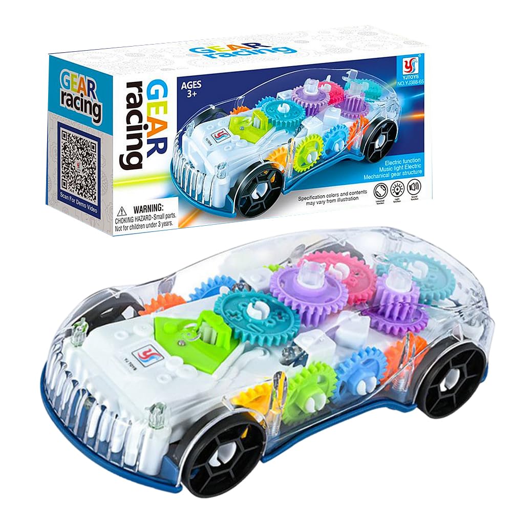 Toy Car, Kids Play Vehicles Transparent Gear Car Toy with Cool Light and Music Light Up Cars Toys Toddler Gear Cars Musical Gears Vehicle Montessori Educational Crawling Toys for Kids Birthday Gift