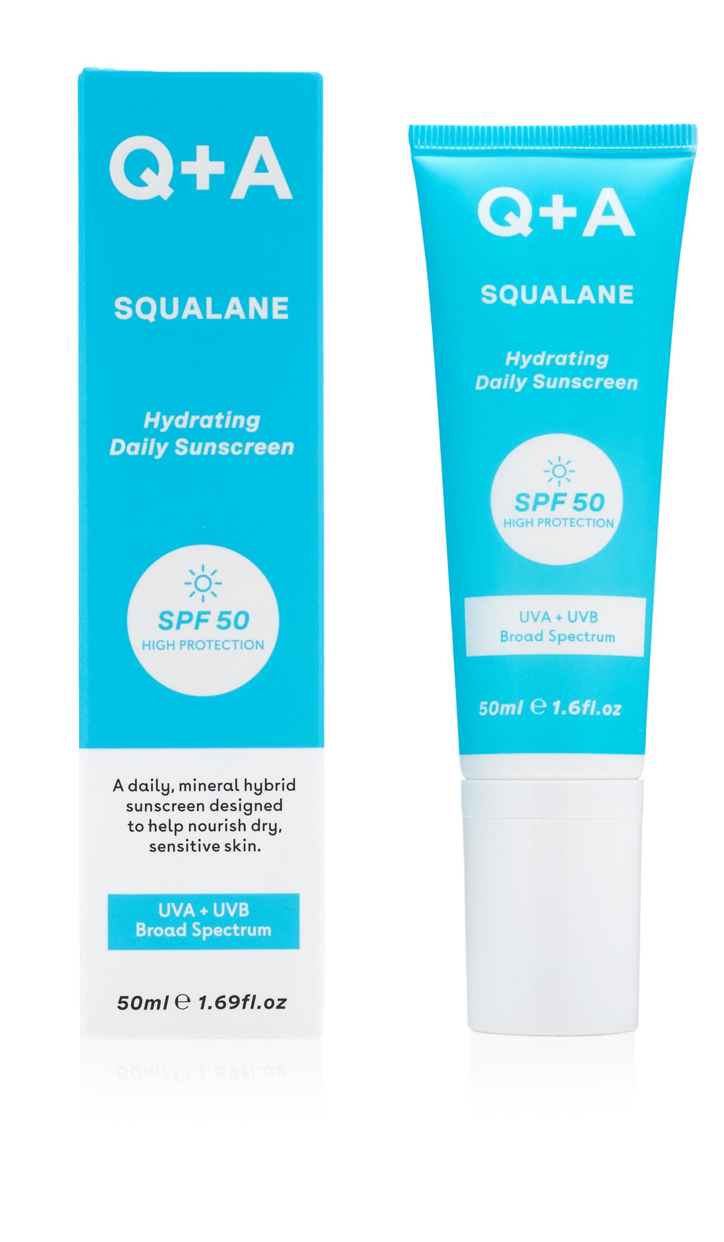 Q+A Squalane Hydrating Daily Sunscreen SPF 50: Fast-Absorbing, Non-Sticky, Broad-Spectrum UVA/UVB, Nourishes Dry Skin, With Natural Squalane & Meadowfoam Oil, 95% Natural, Vegan, 50ml