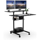 Mount-It! Adjustable Height Rolling Desk, Mobile Standing Desk, 39.5" Wide | Computer desk on wheels, 37.25-55 in height, two 39.5 in top platforms, 4 shelves, 33 lb each, 132 lb total, locking casters