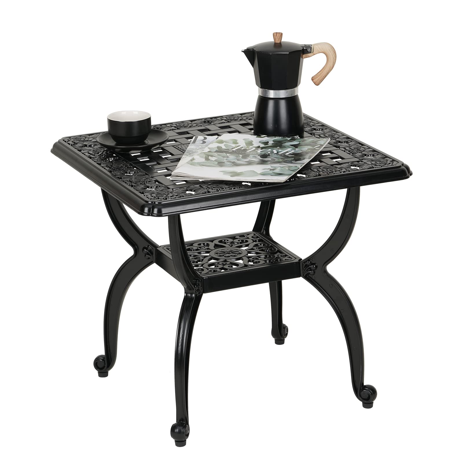 Photo 1 of JARDIN DE CENTENNIAL Cast Aluminum Outdoor Side Table,Anti-Rust Outdoor End Table,Patio Coffee Bistro Table for Indoor,Garden,Porch,Balcony(Square Black)