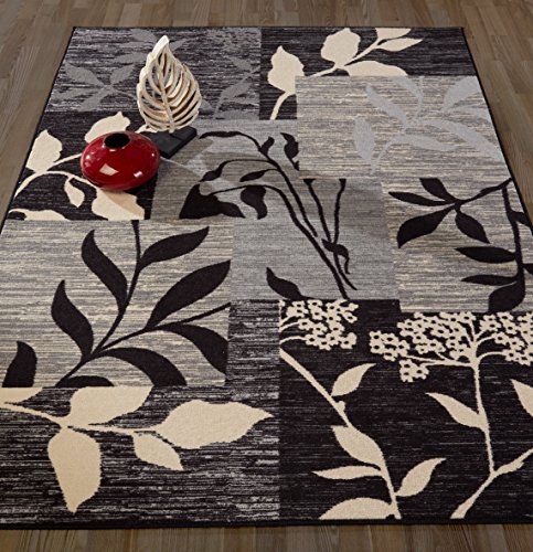 Diagona Designs Contemporary Floral Patchwork Design Non-Slip Kitchen / Bathroom / Living Room Area Rug, 5'0" W x 6'6" L, Ivory / Grey / Black