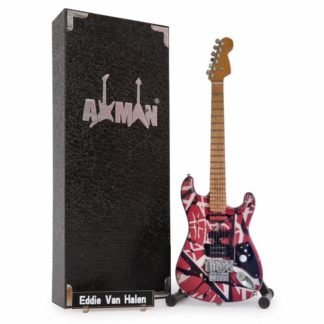 Eddie Van Halen Distressed - Miniature Guitar Replica - Music Gifts - Handmade Ornamental 1/4 Scale - Includes a Display Box, Name Tag and Miniature Guitar Stand