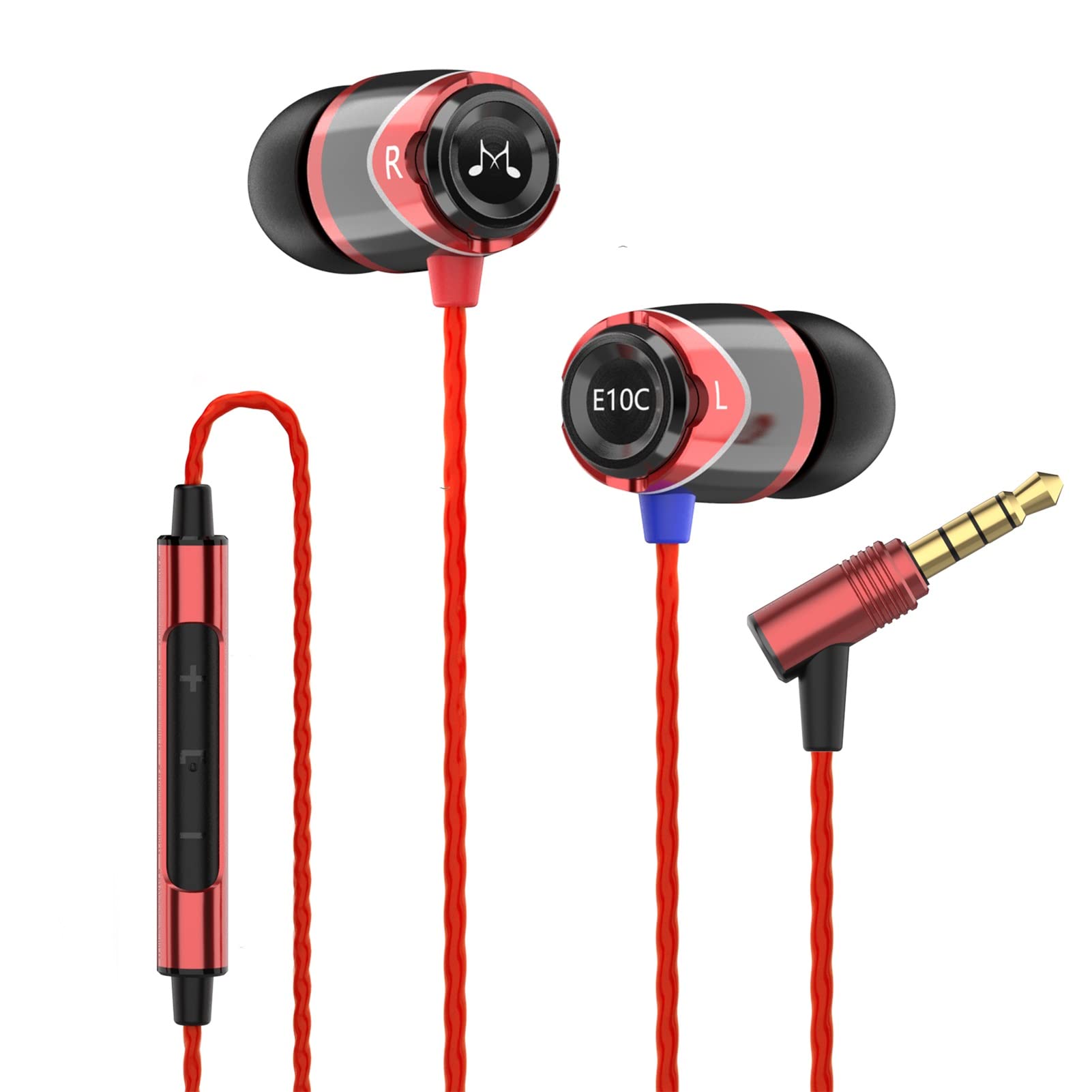 Soundmagic E10C In-Ear Isolating Earphones with Mic, High-Performance Sound, Deep Bass, Noise Isolation, Durable Metal Build, Compatible with iPhone, Android, PC, & Tablet - Black/Red