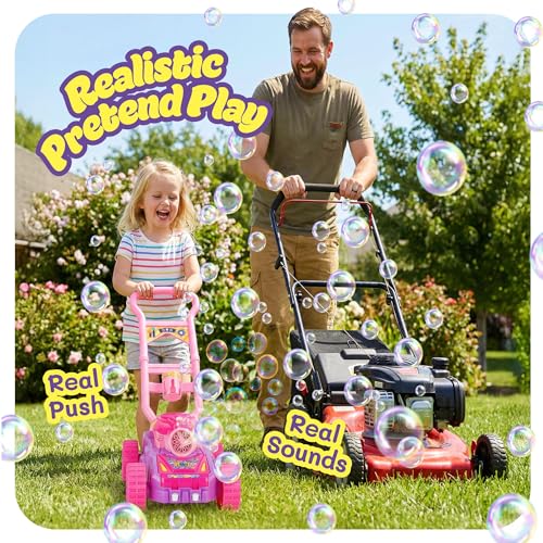 Hoopi Extreme Bubbles Lawn Mower for Toddlers, Spill-Proof Kids Bubble Machine with Lights for 2-Year-Old Girl Birthday Gift, Easter Gifts for Toddlers, Bubble Blowing Push Outdoor Toy with 3 Bottles