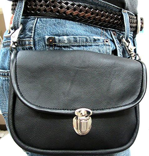 Genuine Leather Biker's Clip on Pouch -Carry on Belt or on Shoulder w/Detachable Strap - Black