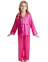 DIPUG Long Sleeve Girls Pajamas Silk Pajama Set Satin Pjs for Kids Comfortable Nights Sleepwear(Hot Pink)