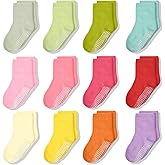 SkiBeaut Toddlers Girls Crew Socks Anti Skid Slip Gripper Kid Socks Mid Calf Socks with Grips for 1-10 Years Girl 12 Pairs