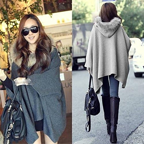 lxbin Warm Casual Womens Cape Black Batwing Wool Poncho Jacket Lady Winter Warm Cloak Coat Light gray