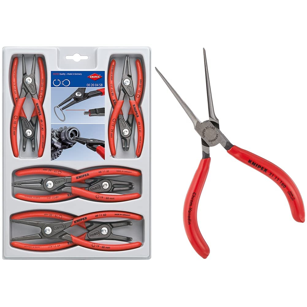 KNIPEX Tools 00 20 04 SB, Precision Circlip Snap-Ring Red Pliers 8-Piece Set & 31 11 160 Tools - Needle Nose Pliers (3111160) Image