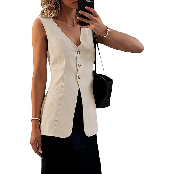 peassa Womens Long Linen Vest Sleeveless V Neck Button Down
