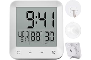 XINKORA Waterproof Shower Clock with Timer, Bathroom Wall Clock Displaying Temperature, Date & Day, Battery Operated LCD Digital Clock for Bath, Kitchen (White)