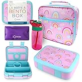 Bento Lunch Box with Insulated Bag, Water Bottle & Ice Pack Set for Kids Toddlers, 4 Portion Sections, Removable Tray, Pre-School Girl Kid Toddler Daycare Lunches, Snack Container, Purple Rainbow