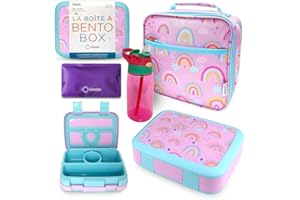 KINSHO Bento Lunch Box with Insulated Bag, Water Bottle & Ice Pack Set for Kids Toddlers, 4 Portion Sections, Removable Tray, Pre-School Girl Kid Toddler Daycare Lunches, Snack Container, Purple Rainbow