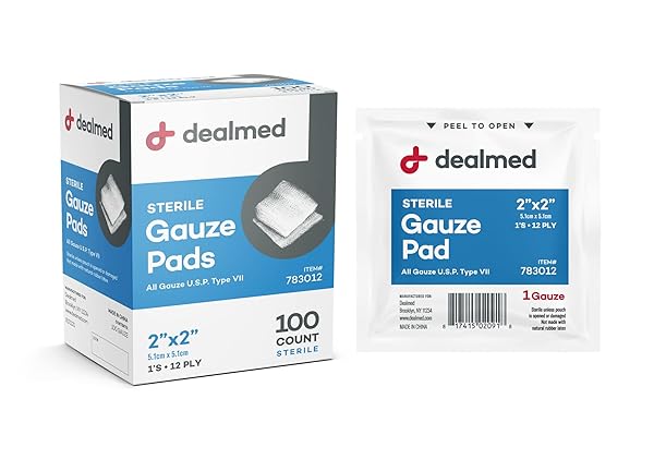 DEALMED 2’’ X 2’’ STERILE GAUZE PADS (100 COUNT) DISPOSABLE AND INDIVIDUALLY WRAPPED MEDICAL GAUZE PADS, WOUND CARE PRODUCT FOR FIRST AID KIT AND MEDICAL FACILITIES (PACK OF 1)