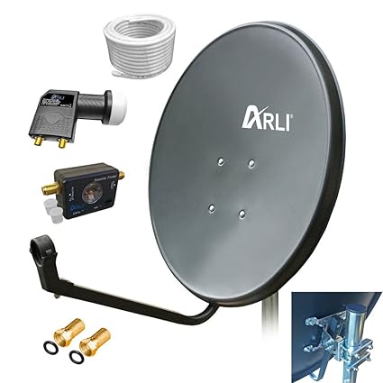 60cm HD Sat Anlage Twin LNB + 20m Koaxialkabel 135dB + Satfinder + 2 F-Stecker Digital 2 Teilnehmer Antenne grau UHD 4K