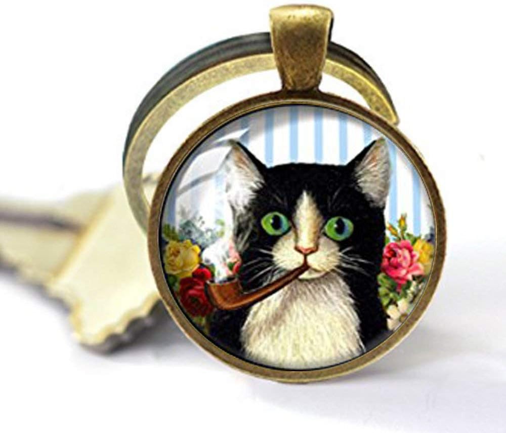 Retro Style Handmade Glass Dome Keychain, Pipe Smoking Cat
