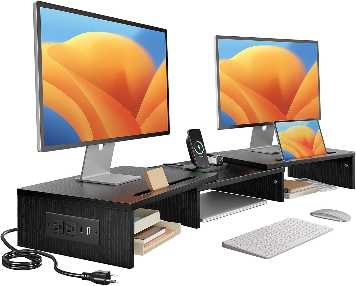 View 1 of HUANUO Dual Monitor Stand -Monitor Stand with USB ports ,Adjustable Length and Angle, Dual monitor riser w/ Desktop Socket, Monitor Stand Riser for PC, Computer, Laptop (Black)