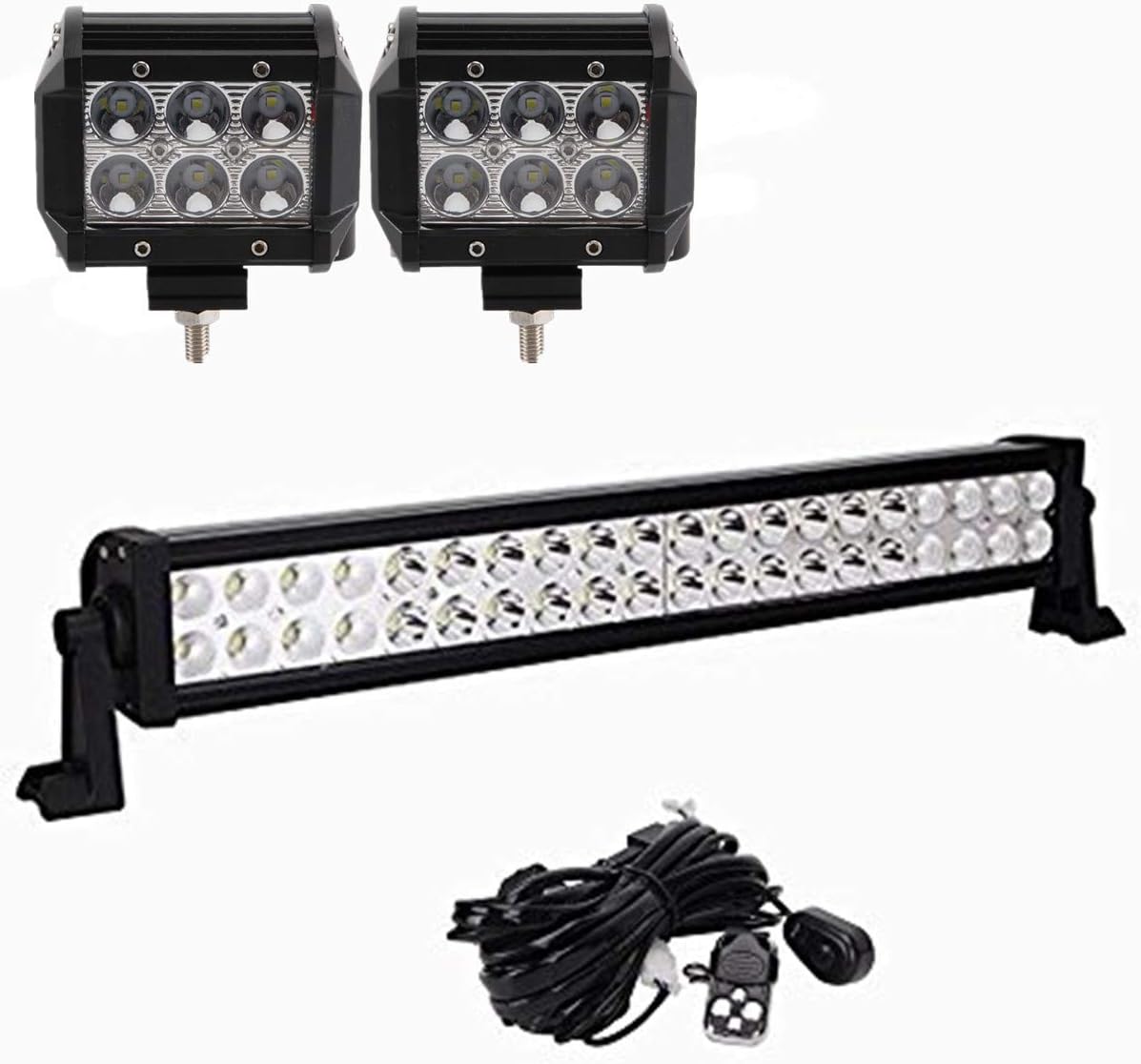 Glotech 22" 120W Light Bar Flood Spot Led Off Road Driving Lights Combo Beam Waterproof With 2PCS 18W Led Pods and 12V 40A Remote Wiring Harness For Jeep UTV ATV Truck, 1 Year Warranty