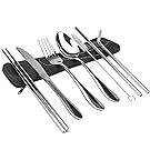 KISSWILL Stainless Steel Flatware Set, Healthy & Eco-Friendly 7 Pieces Knife Fork Spoon Chopsticks Straws Set, Portable Travel Silverware Set, Travel Camping Cutlery Set, Dishwasher Safe