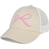 LUCKYBUNNY Girls Bow Tie Baseball Cap, Kids Summer Mesh Sun Hats Visor Cap, Adjustable Ponytail Hat for 7-12 Years