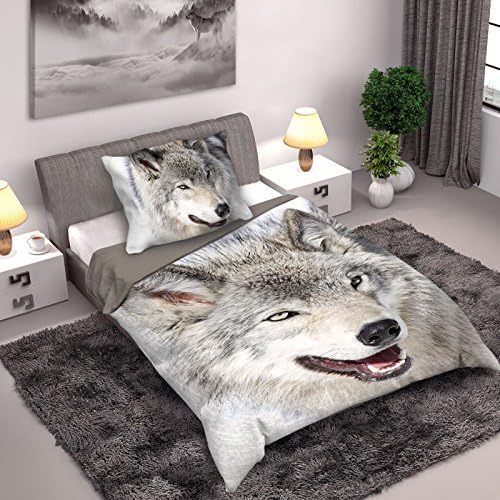 Wild Collection Wolf 2 Piece Sheet Set – 1 x double sided sheet &amp; 1 x pillowcase 140 x 200cm / 70 x 90cm (Wolf 140 x 200)