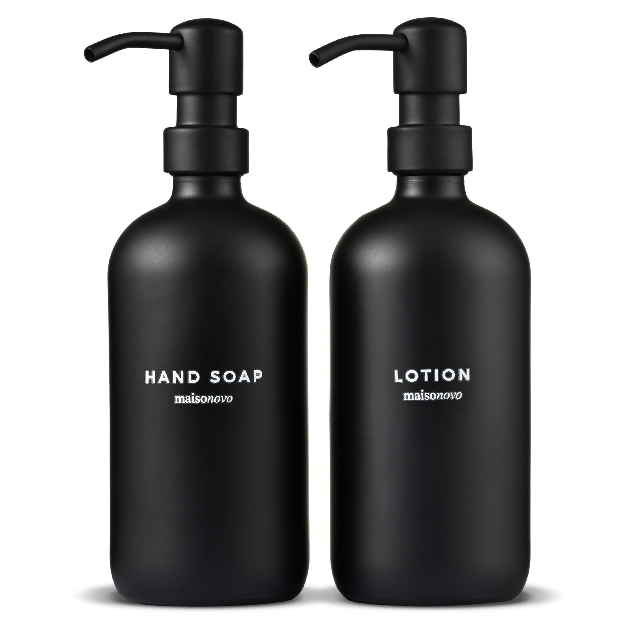 MaisoNovo Glass Hand Soap Dispenser Bathroom Countertop Set - 500 ml Black Soap and Lotion Dispenser Set with Black Pump x 2, Waterproof Labels