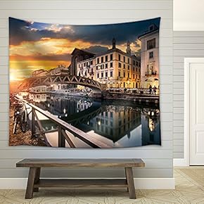 Bridge Across The Naviglio Grande Canal at The Evening in Milan, Italy - Fabric Wall Tapestry Home Decor - 51x60 inches