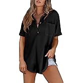 Astylish Women Waffle Knit Tops Henley Shirts Short Sleeve V Neck Solid Color Casual Tunic