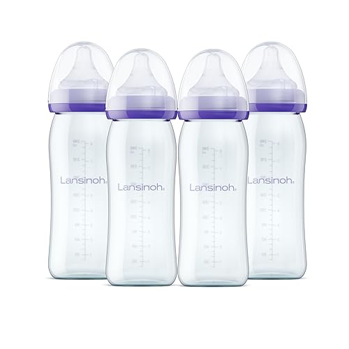 Lansinoh Anti-Colic Glass Baby Bottles, 8 Ounces, 4 Count Bottles for Feeding, Baby Essentials, Includes 4 Medium Flow Nipples, Size M