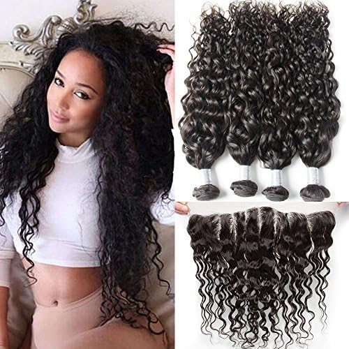 Verna Hair Brazilian Natural Water Wave Virgin Hair Weave 3 Bundles with Lace Frontal 100% Unprocessed Human Hair Extensions Natural Color 95-100g/pc(22 24 26+18 Frontal)