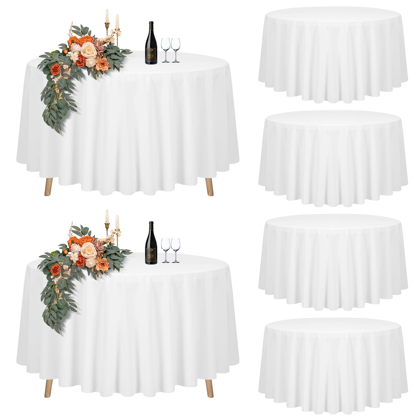 Teruntrue 6 Packs White Round Tablecloth 178cm Diameter, Round Table Cover for Ø75-105cm Tables, Polyester Waterproof Washable Round Table Cloth for Wedding Party Buffet Camping Restaurant (70 inch)