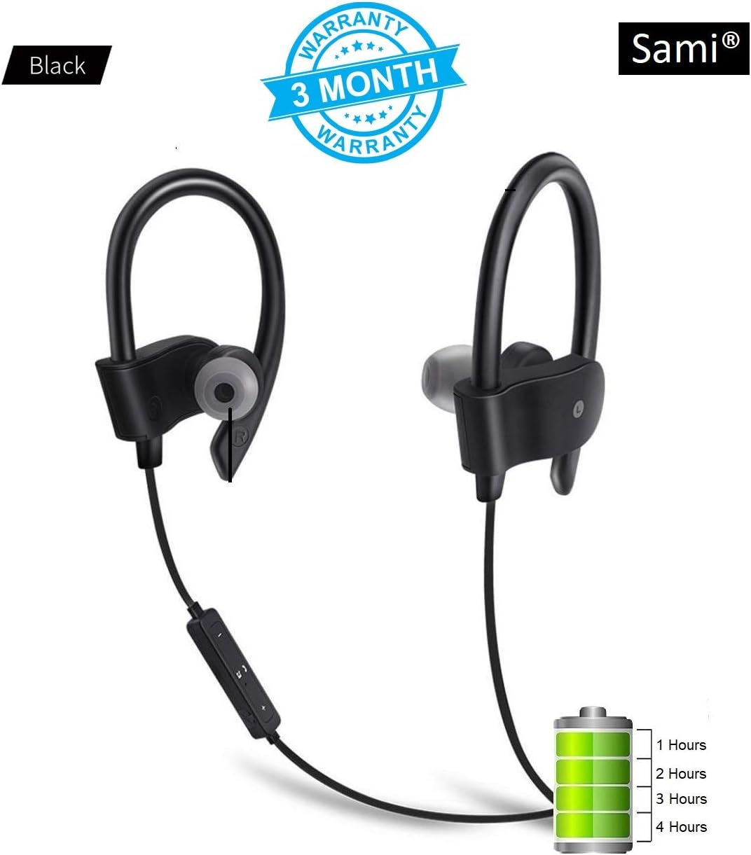 Sami Bluetooth 4.1 IPX7 Waterproof HD Stereo w/Mic Sweatproof Earbuds for Gym, Running, Workout 4 to 5 Hour Battery Noise Cancelling Compatible with All Smartphones (Black and Red)