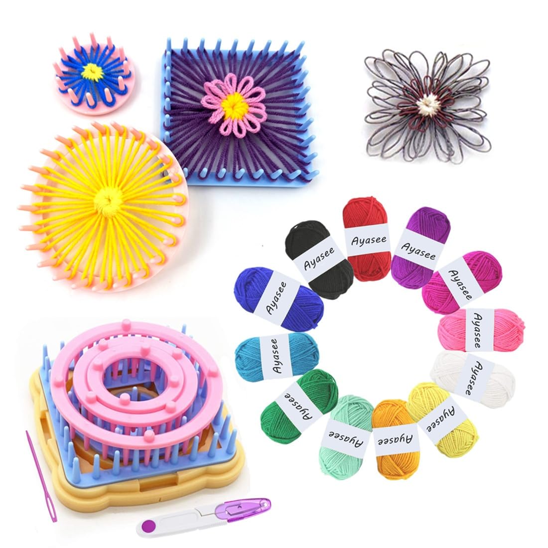 Ayasee Flower Loom Kit, Round/Square Looms, Weaving & Knitting Craft Kit (Flower Maker + Yarn)
