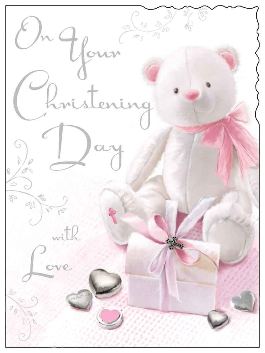 Jonny Javelin Card (JJ1221) On Your Christening Day With Love - Pink Teddy - Flittered Finish