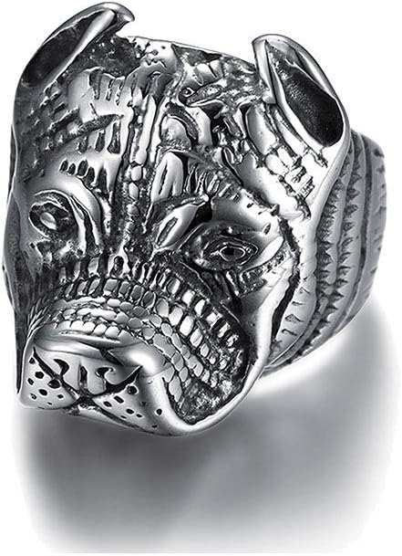 Punk Boys Mens Ring Pitbull Bulldog Dog Head Animal 316L Stainless Steel Hiphop Jewelry US Size 8-10