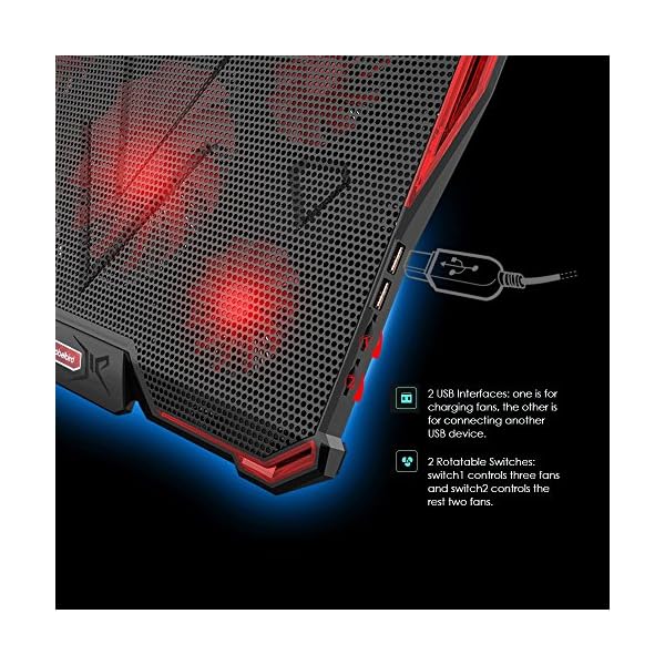 Laptop Cooling Pad 12"-17.3", Ultra Quiet Laptop Cooler Stand with 5 Fans at 2200RPM, Gaming Laptop Cooling Pad with Red LED Lights, 2 USB Ports, 7 Adjustable Height, Light Weight Cooling Stand