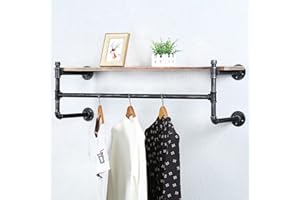 JIANZHUO Industrial Pipe Clothing Rack Wall Mounted with Real Wood Shelf,Rustic Retail Garment Rack Display Rack Cloths Rack,Pipe Shelving Floating Shelves Wall Shelf,42in Commercial Clothes Racks