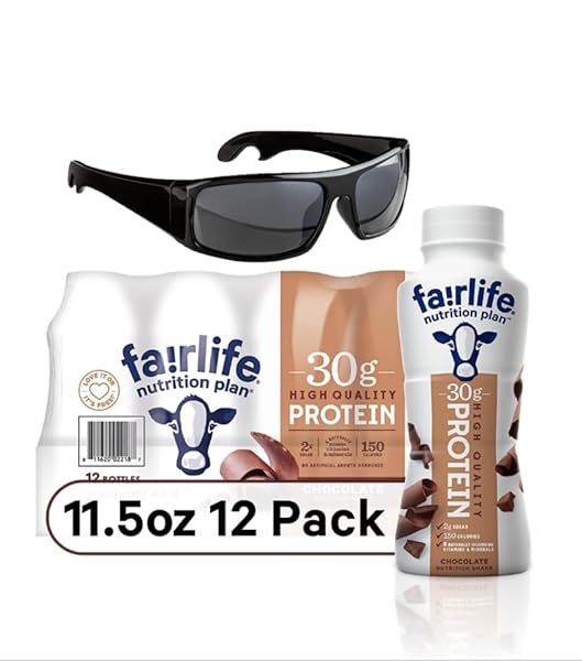 FAIRLIFE CHOCOLATE PROTEIN SHAKE– READY-TO-DRINK NUTRITION SHAKE FOR WORKOUT RECOVERY OR MEAL REPLACEMENT (30G – 11.5 FL OZ, PACK OF 12) + 1 PAIR OF SPORTY SUNGLASSES CAN OPENER (PACKAGING MAY VARY)