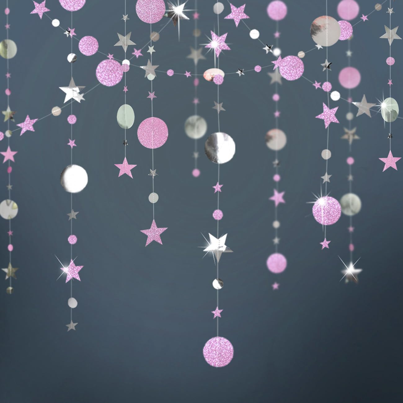 Pink and Silver Hanging Paper Garland,Glitter Circle Star Paper Decoration for Party(52 Ft/4 Pack)