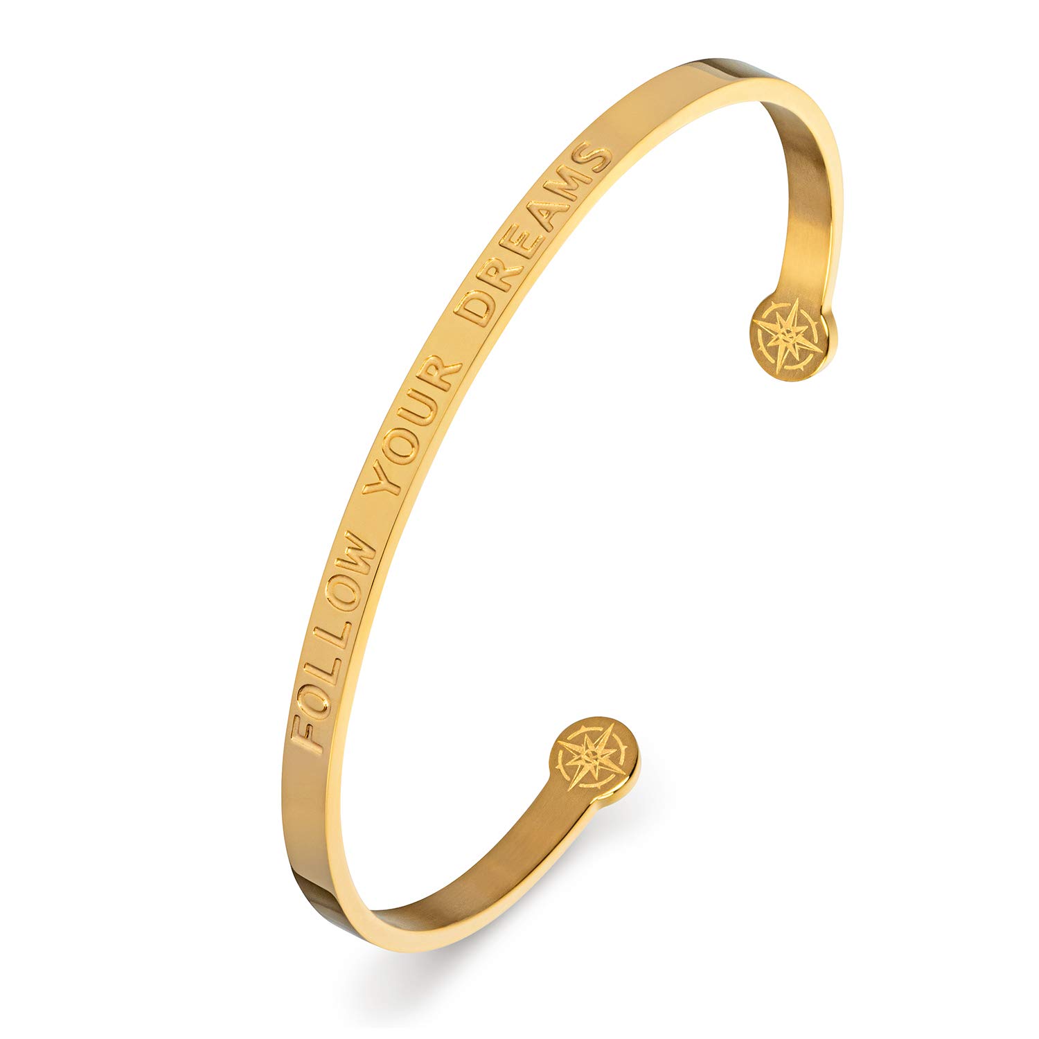 Kistanio Ladies Bangle with Engraved Message - Follow Your Dreams - Surgical Steel - Comes in a Velvet Pouch - 3 Colours Available - Rose Gold, Gold, Silver, gold, Modern