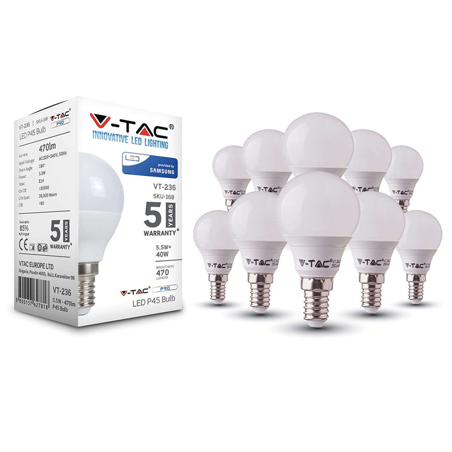 VTAC LED Light Bulb, Small Screw, 4.4W 470lm, 40W Equivalent, Warm White 3000K, Energy Saving, Non-Dimmable, Pack of 10