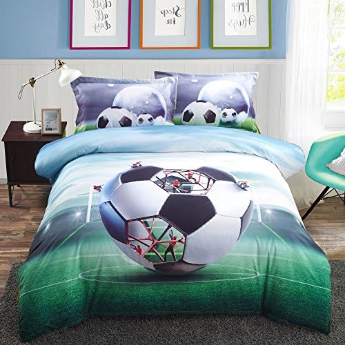Lebather Green 3D Soccer Ball Background Bedding Cotton 4-Piece Duvet Cover Set with 2 Pillow Sham,1 Flat Sheet,1 Duvet Cover ,Full Size