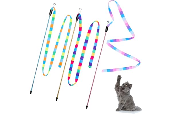 3 Pack Cat Wand Toy, Interactive Cat Rainbow Wand Toys, Interactive Cat Teaser Wand String, Rainbow Cat Teaser Wand String Pl