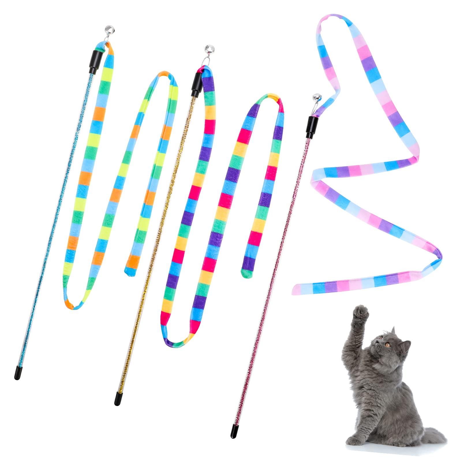 Bestomrogh 3Pcs Interactive Cat Rainbow Wand Toys for Indoor Cats, Colorful Cat Wand Toy String Plush Toy Cat Teaser Wand with Bell for Kitten Cat Exerciser Playing